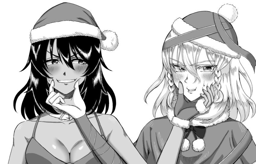 2girls akutagawa_joo andou_(girls_und_panzer) beanie blush bow bowtie braided_sidelock breasts capelet dark-skinned_female dark_skin fingerless_gloves fur-trimmed_capelet fur-trimmed_gloves fur_trim girls_und_panzer gloves greyscale hair_between_eyes hair_ornament hand_on_another's_face hat highres looking_at_viewer medium_breasts medium_hair monochrome multiple_girls oshida_(girls_und_panzer) pom_pom_(clothes) pom_pom_hair_ornament portrait santa_costume santa_hat simple_background sweat