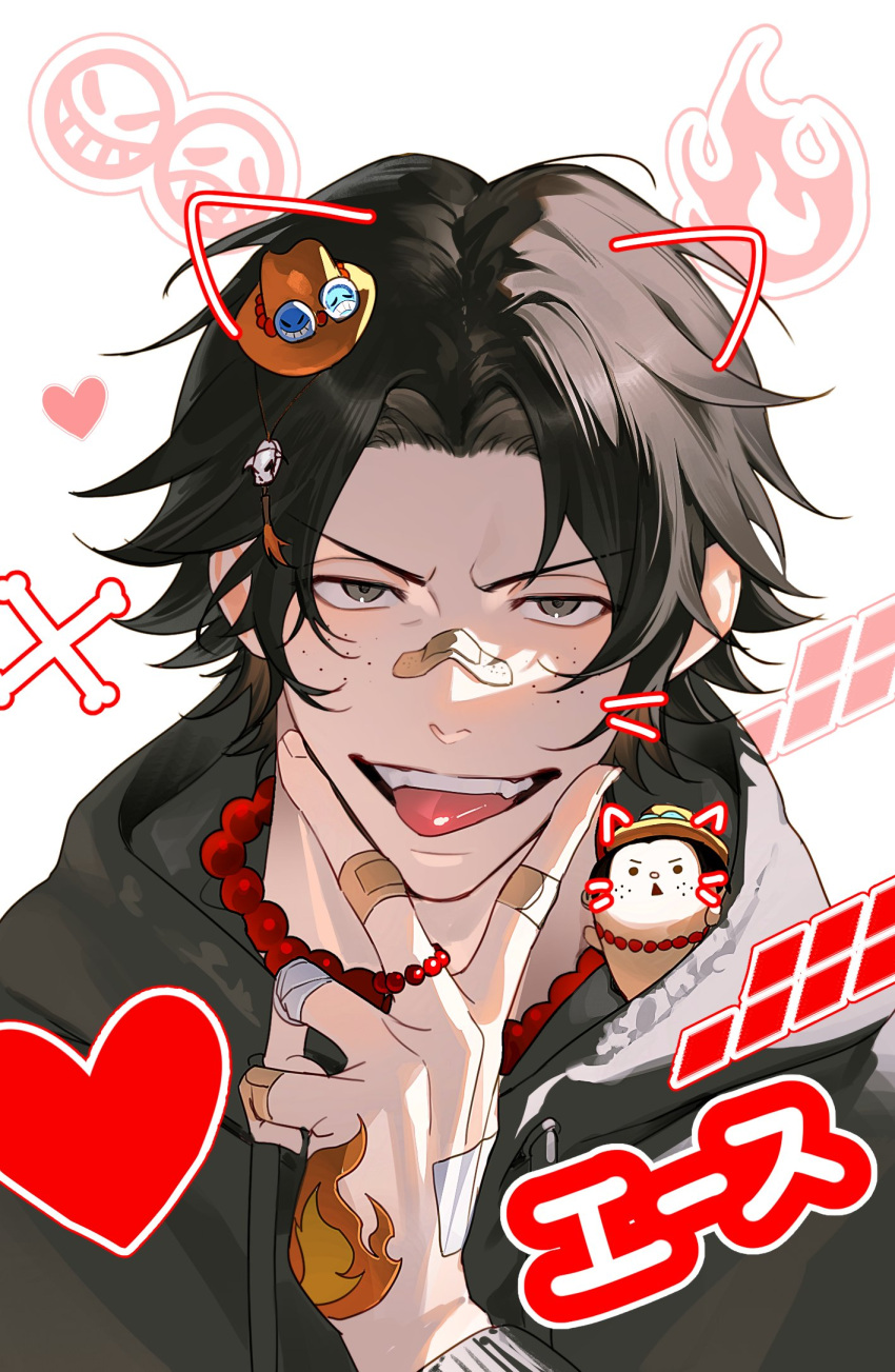 1boy acenisang0101 bead_necklace beads bishounen black_eyes black_hair black_hoodie fire freckles grey_eyes highres hood hoodie jewelry male_focus necklace one_piece portgas_d._ace smile solo tongue tongue_out