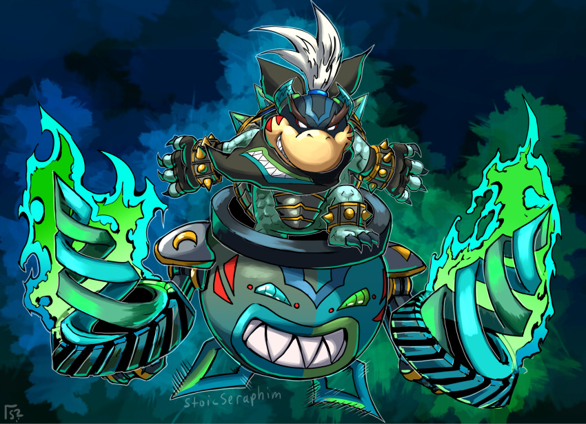 alternate_color alternate_costume alternate_eye_color alternate_hair_color armor aura bandana black_bandana black_neckerchief blue_eyes bowser_jr. claws commentary company_connection corruption crescent crossover dark_persona drill english_commentary evil_grin evil_smile facial_tattoo fierce_deity floating glowing glowing_weapon green_eyes grin highres horns junior_clown_car koopa_clown_car looking_at_viewer mario_(series) mismatched_sclera neckerchief no_pupils outstretched_arms ponytail possessed sharp smile spiked_shell spikes standing standing_on_one_leg stoic_seraphim super_mario_sunshine super_smash_bros. tattoo the_legend_of_zelda the_legend_of_zelda:_majora's_mask triangle weapon white_eyes white_hair wrist_guards
