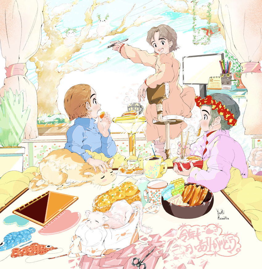 3girls absurdres artist_name blue_shirt blush bowl brown_hair cat chopsticks cup curtains dress food fruit grey_hair highres holding holding_bowl holding_chopsticks indoors jacket kawatsu_yuuki long_sleeves multiple_girls open_mouth orange_(fruit) original pink_dress pink_jacket pink_nails plant potted_plant profile scissors shirt smile steam tree white_cat