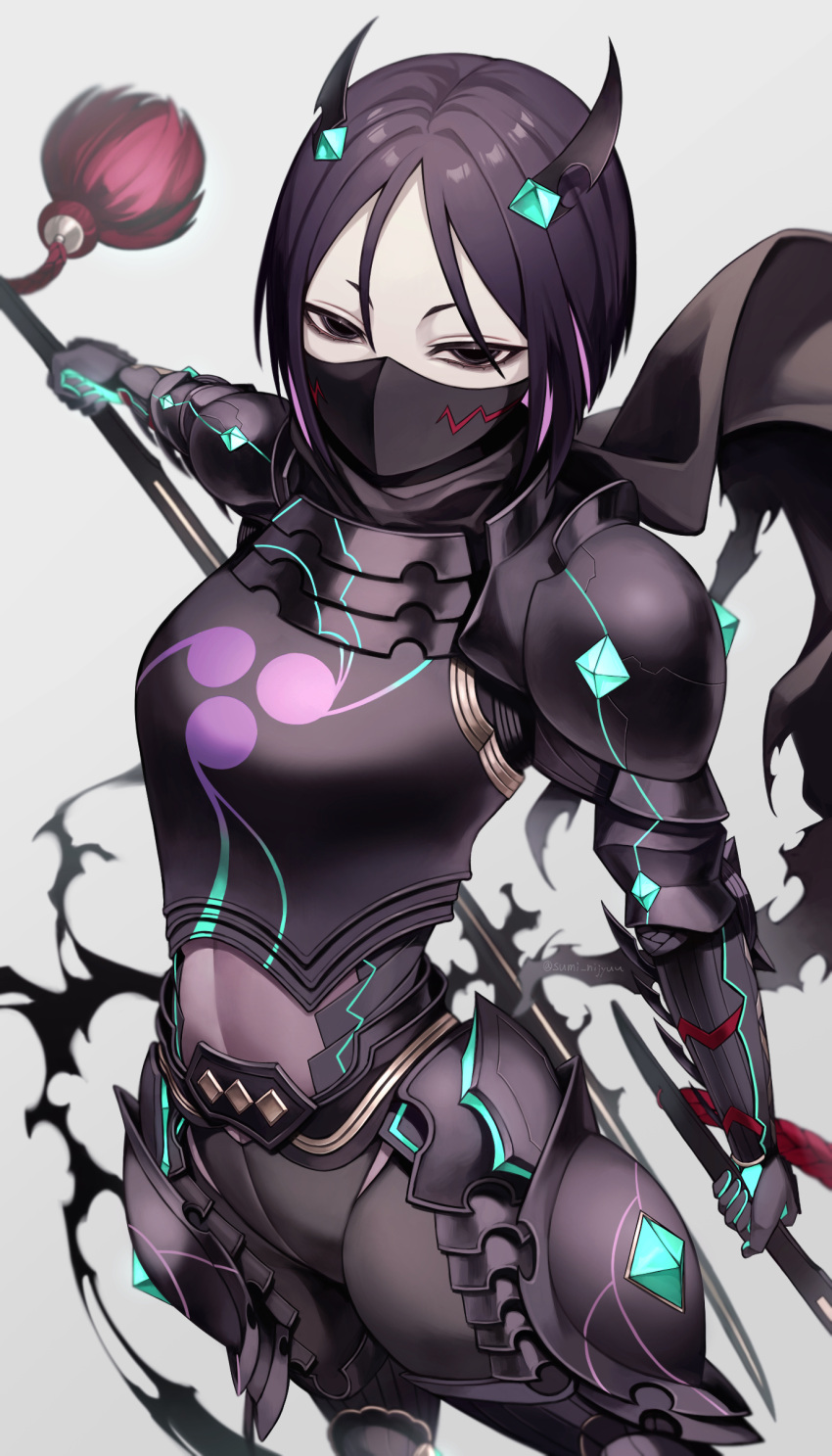 1girl absurdres armor black_armor black_bodysuit black_eyes bodysuit dou fate/grand_order fate/samurai_remnant fate_(series) grey_background highres japanese_armor katana kishimen_hair looking_at_viewer mask mouth_mask neon_trim purple_hair rider_(fate/samurai_remnant) short_hair sideless_dress simple_background solo sumi_(gfgf_045) sword weapon