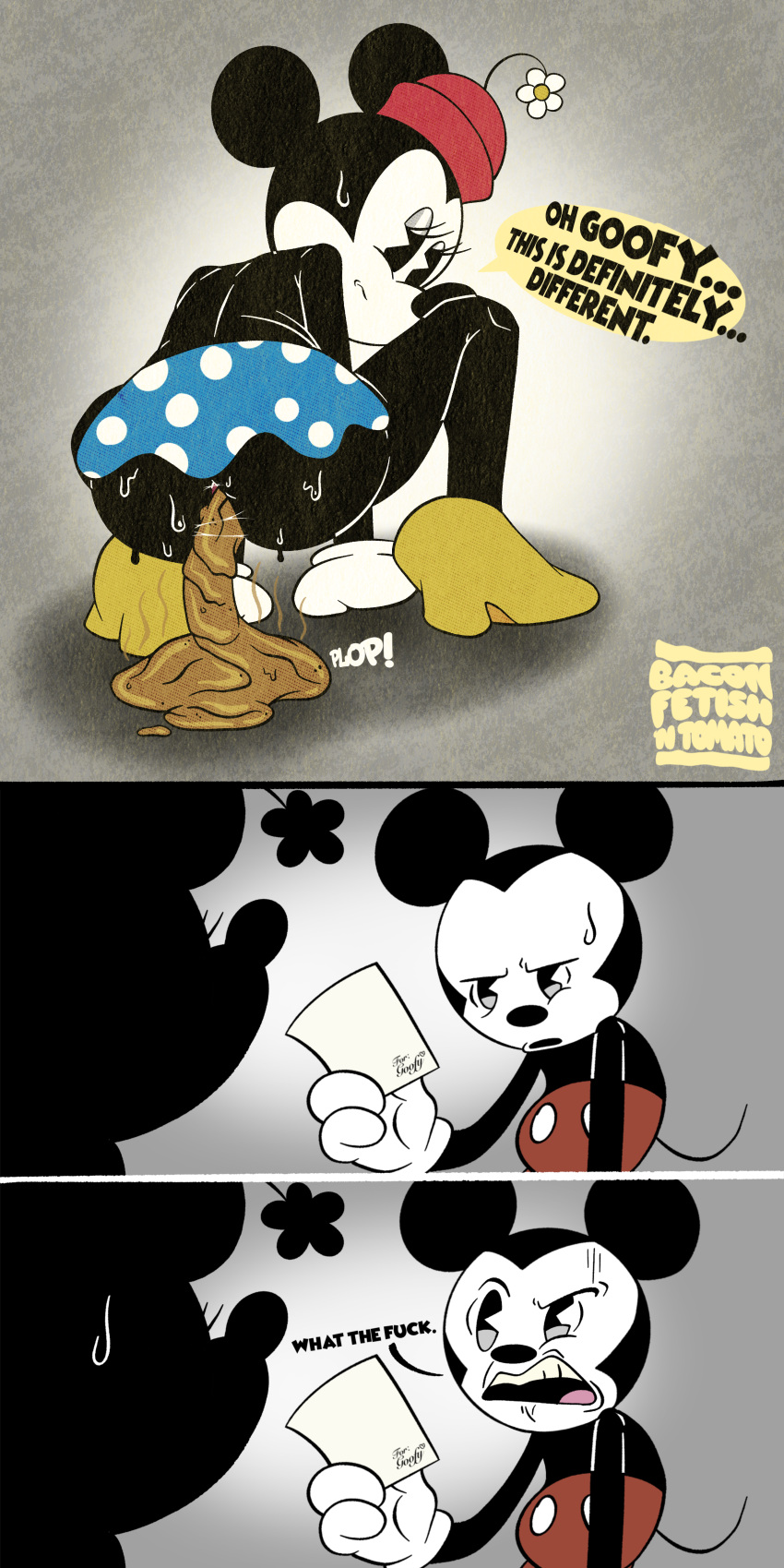 absurd_res accessory anthro anus baconfetish'ntomato black_body bodily_fluids bottomwear butt clothed clothing comic crouching dialogue digital_media_(artwork) disney duo english_text feces female gloves handwear hat headgear headwear hi_res looking_at_viewer male male/female mammal mickey_mouse minnie_mouse mouse murid murine onomatopoeia open_mouth pooping pooping_on_floor raised_bottomwear raised_clothing raised_skirt rodent scat simple_background skirt slightly_chubby slightly_chubby_female solo sound_effects speech_bubble stink_lines sweat sweatdrop tail text thick_thighs topless wide_hips