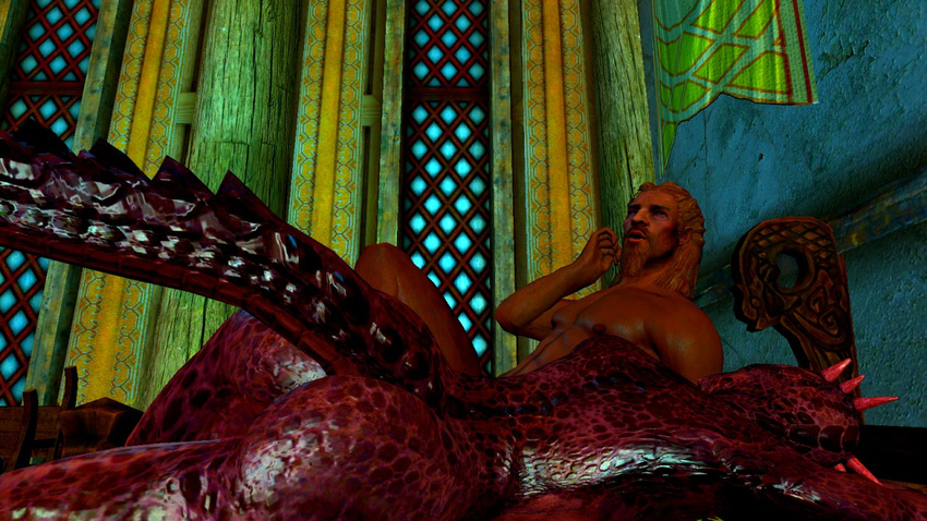 2016 3d_(artwork) anthro argonian blue_dragon butt digital_media_(artwork) duo female lying nude reptile scalie screencap skyrim tailsofthekhajiit the_elder_scrolls video_games webcomic