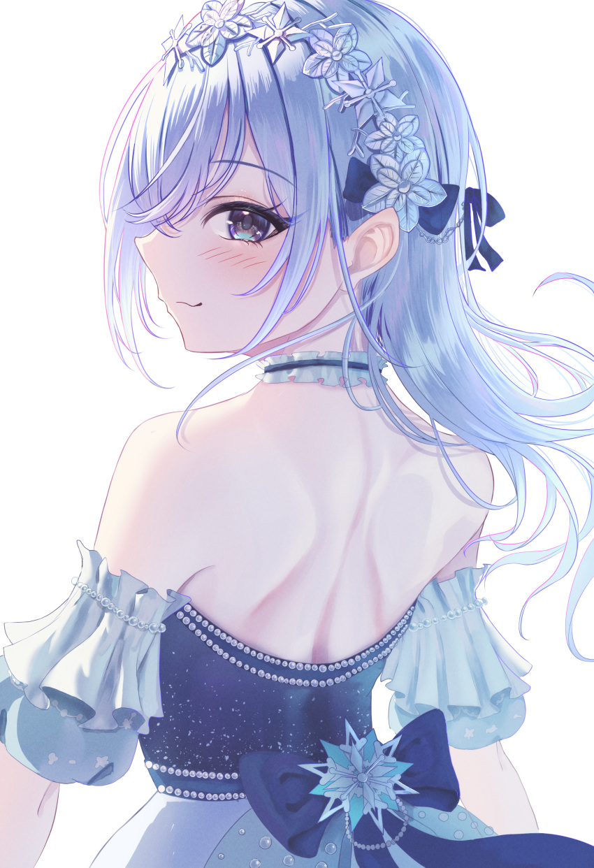 1girl absurdres arm_garter blue_eyes blue_hair blush dress from_behind highres idolmaster idolmaster_shiny_colors light_smile looking_at_viewer median_furrow misanga_(hxjd5354) profile shoulder_blades sideways_glance simple_background solo strapless strapless_dress suzuki_hana upper_body white_background