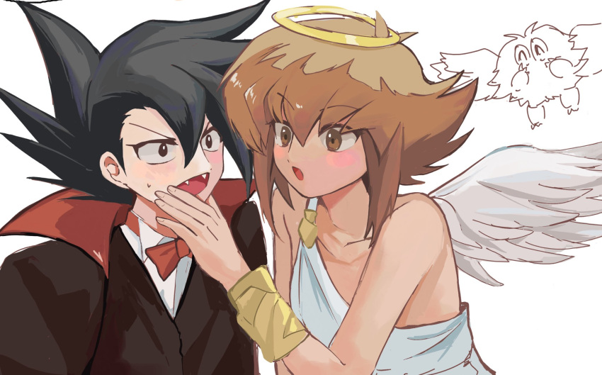 2boys alternate_costume angel_wings black_cape black_hair black_vest blush bow bowtie bright_pupils brown_hair cape closed_eyes collared_shirt commentary_request dress_shirt duel_monster embarrassed fang feathered_wings halo hand_on_another's_face hand_up hands_up happy highres male_focus manjoume_jun medium_hair multiple_boys open_mouth red_bow red_bowtie shirt short_hair sidelocks simple_background spiked_hair sweatdrop ten_(100000_910) tunic two-sided_cape two-sided_fabric upper_body vampire vest white_background white_shirt white_tunic white_wings winged_kuriboh wings yaoi yu-gi-oh! yu-gi-oh!_gx yuuki_juudai