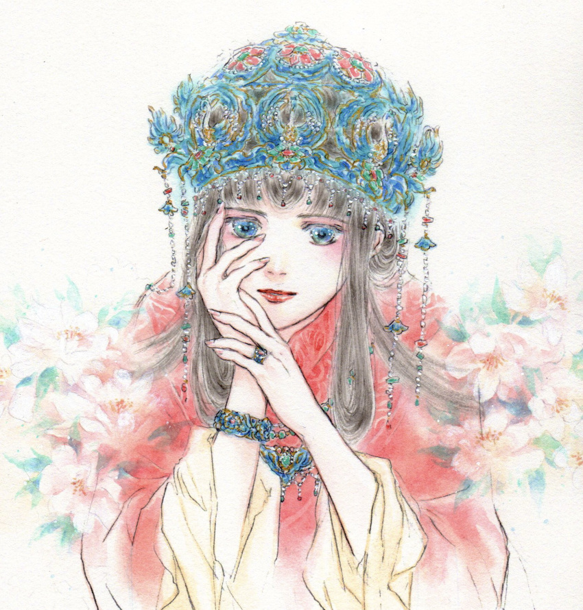 1girl ayumu_(fakecoral) black_hair blue_eyes blue_headwear bracelet chinese_clothes closed_mouth flower hair_rings hand_on_own_face hands_up highres jewelry juuni_kokuki lipstick long_hair long_sleeves looking_at_viewer makeup nail_polish necklace own_hands_together phoenix_crown pink_nails red_lips ring shushou_(juuni_kokuki) simple_background smile solo traditional_media upper_body white_background