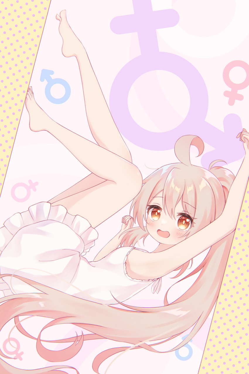 ahoge armpits barefoot brown_eyes dress full_body high_ponytail highres legs_up light_brown_hair male-female_symbol mars_symbol onii-chan_wa_oshimai! open_mouth oyama_mahiro venus_symbol white_dress yottacc