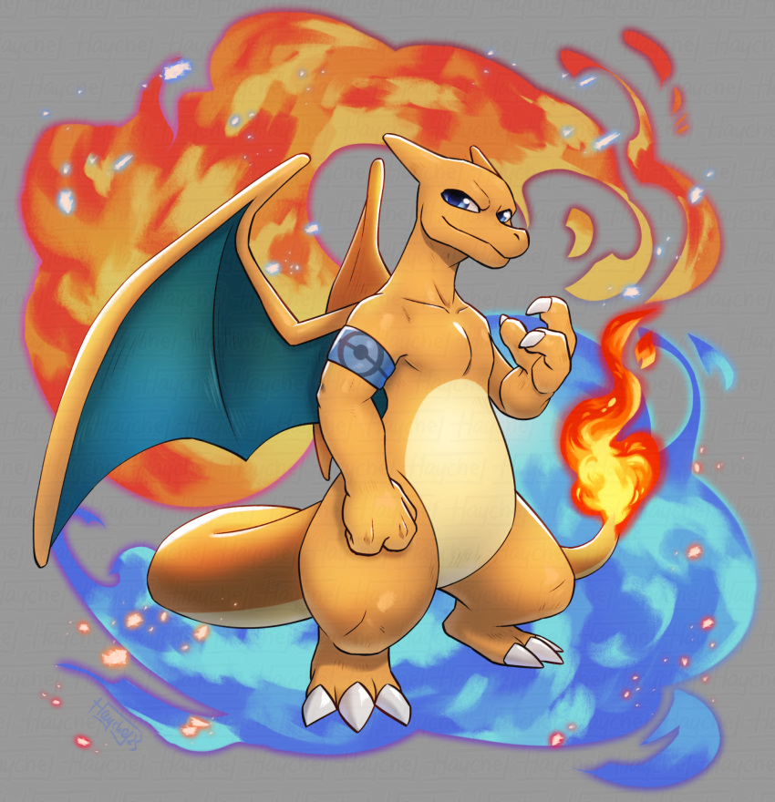 anthro armband biped blue_eyes blue_fire charizard claws colored_fire countershade_torso countershading eddy_(includefireio) fire generation_1_pokemon haychel hi_res male nintendo orange_body pokemon pokemon_(species) smile solo tail wings