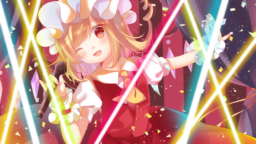 1girl absurdres ascot blonde_hair breasts buttons cacao_(cacaomgmg) collared_shirt concert cowboy_shot crystal curtains flandre_scarlet hat head_tilt highres holding holding_microphone microphone mob_cap multicolored_wings one_eye_closed puffy_short_sleeves puffy_sleeves red_eyes red_skirt red_vest shirt short_sleeves skirt small_breasts solo touhou vest white_headwear white_shirt wings wrist_cuffs yellow_ascot