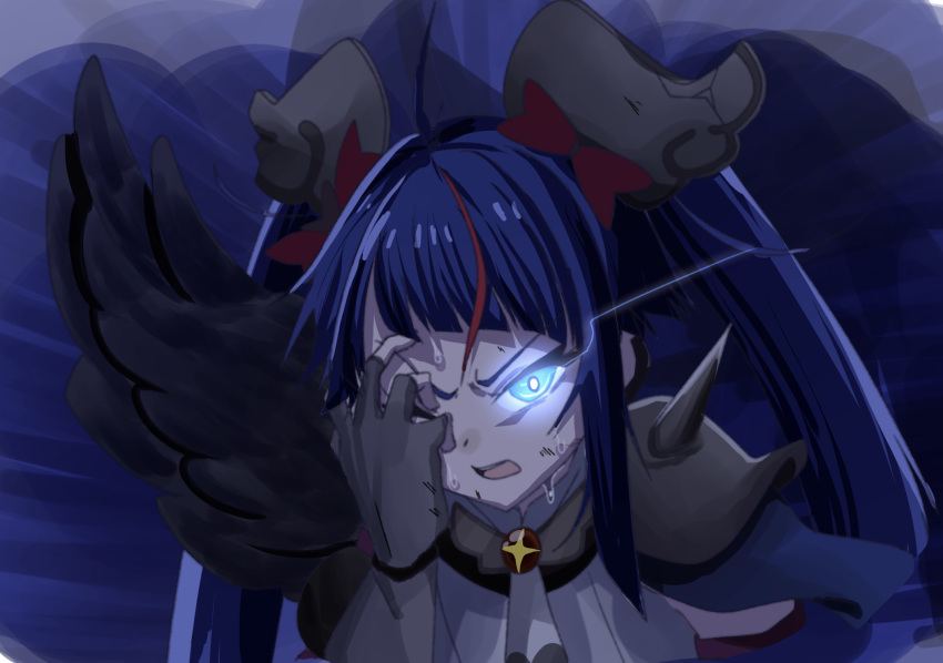 1girl akizora_(aki_precure) armor black_wings blue_eyes blue_hair brooch commentary_request cure_sky cut_bangs dark_persona feathered_wings fingerless_gloves frown gloves glowing glowing_eye grey_gloves hand_over_eye highres hirogaru_sky!_precure jewelry leaning_forward long_hair looking_at_viewer magical_girl multicolored_hair open_mouth pauldrons precure red_hair shoulder_armor single_pauldron single_wing solo sora_harewataru spiked_pauldrons streaked_hair sweat twintails wing_brooch wing_hair_ornament wings