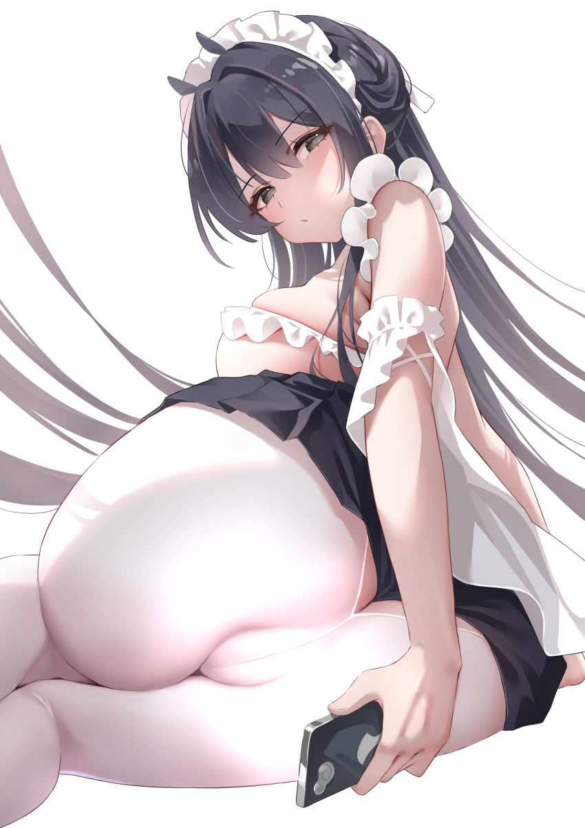 absurdly_long_hair absurdres arm_garter ass_cutout azur_lane black_hair black_skirt breasts cameltoe cellphone classic_(zildjian33) clothing_cutout from_behind highres holding holding_phone huge_breasts indomitable_(azur_lane) indomitable_(ms._motivationless_maid)_(azur_lane) long_hair looking_back maid maid_headdress official_alternate_costume pantyhose phone sitting skirt smartphone taking_picture underboob very_long_hair white_background white_pantyhose