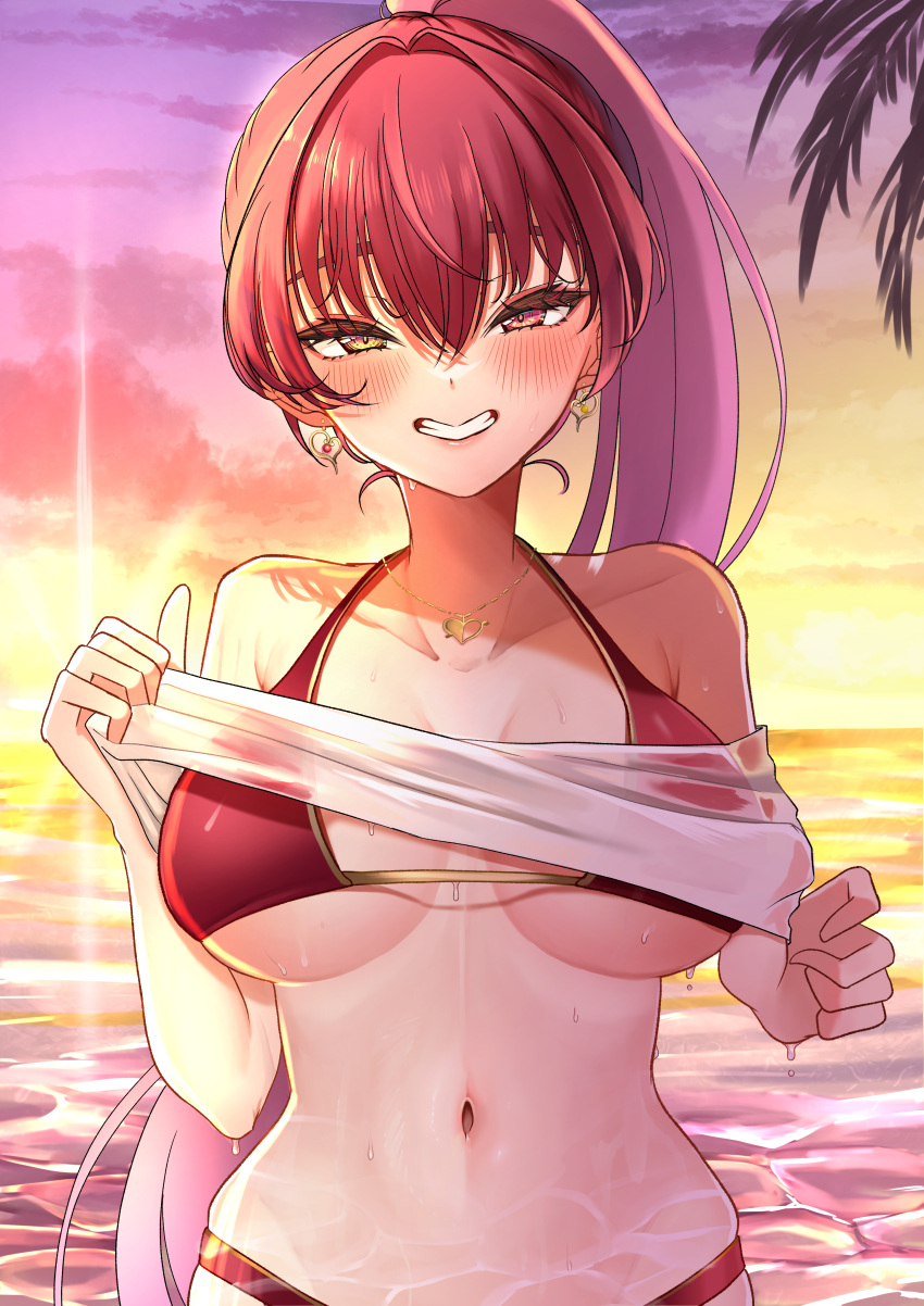 1girl absurdres bikini blush breasts collarbone earrings grin heart heart_earrings heart_necklace heterochromia high_ponytail highres hinoki_kahun0 hololive houshou_marine jewelry large_breasts long_hair looking_at_viewer navel necklace ocean red_bikini red_eyes red_hair sky smile solo stomach sunset swimsuit teeth very_long_hair virtual_youtuber water wet yellow_eyes