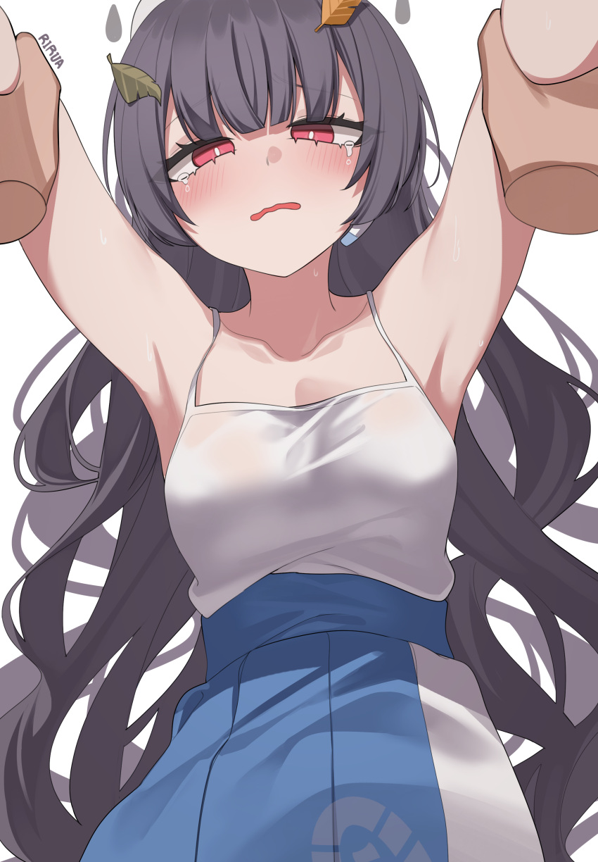 1boy 1girl absurdres armpits arms_up black_hair blue_archive breasts bright_pupils camisole collarbone disembodied_limb halo highres holding_another's_arm leaf leaf_on_head lira long_hair looking_at_viewer miyu_(blue_archive) pleated_skirt pov pov_hands red_eyes skirt small_breasts tears very_long_hair white_camisole white_pupils