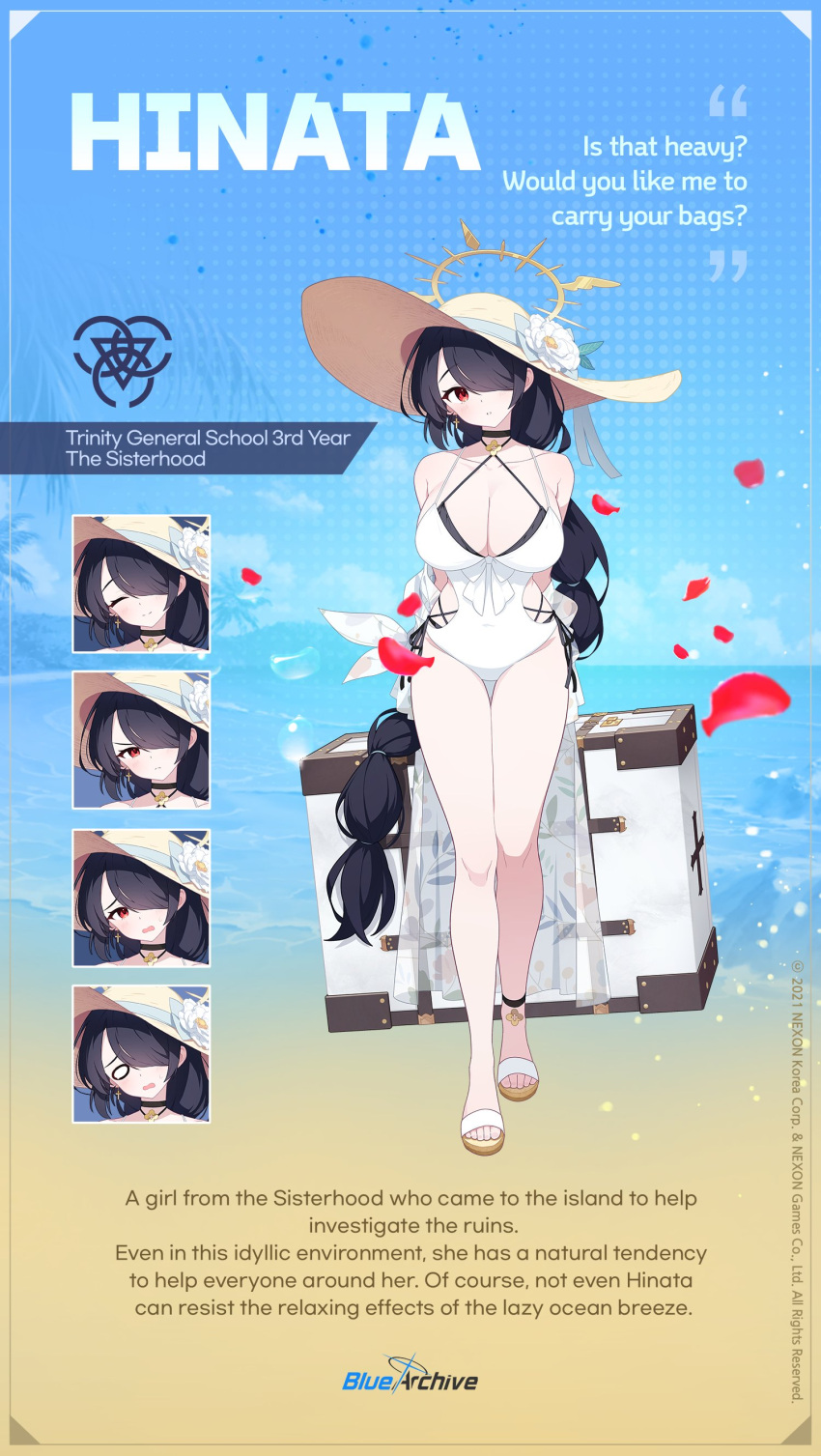 absurdres bare_shoulders black_bra black_choker black_hair blue_archive bra braid braided_ponytail choker criss-cross_halter double_bikini english_commentary english_text expressions flower hair_over_one_eye halo halterneck hat hat_flower highres hinata_(blue_archive) hinata_(swimsuit)_(blue_archive) layered_swimsuit official_alternate_costume official_art one-piece_swimsuit sun_hat swimsuit underwear white_one-piece_swimsuit white_swimsuit yellow_halo