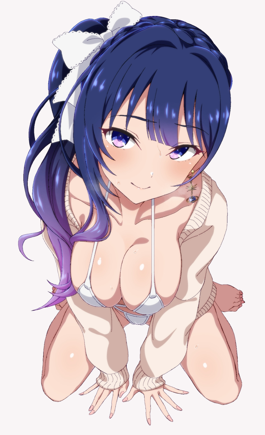 1girl bare_legs barefoot bikini bow braid breasts cardigan cleavage closed_mouth earrings from_above gradient_hair hair_bow highres idolmaster_va-liv jewelry kamizuru_cosmo large_breasts long_hair looking_at_viewer multicolored_hair open_cardigan open_clothes purple_eyes purple_hair rqm55 side_ponytail simple_background solo swimsuit virtual_youtuber white_background white_bikini