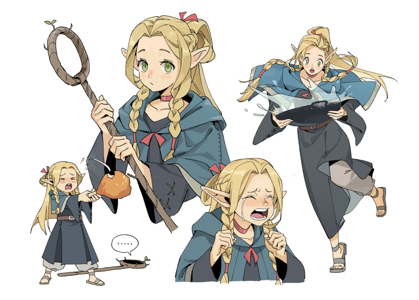 absurd_res blonde_hair bodily_fluids clothing delicious_in_dungeon elf female fightingdodo95 food footwear green_eyes hair hi_res humanoid humanoid_pointy_ears light_body light_skin long_hair marcille_donato meat not_furry open_mouth simple_background solo staff tears