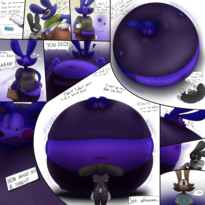 1:1 2020 ?! aliasing anthro bar_emanata belly big_belly black_eyebrows black_eyelashes black_text blorsh blue_body blue_cheeks blue_clothing blue_countershading blue_ears blue_emanata blue_fur blue_gloves blue_handwear blue_sclera blue_shirt blue_t-shirt blue_tail blue_text blue_topwear blueberry_(fruit) blueberry_inflation bodily_noises bottomwear brown_bottomwear brown_clothing brown_shorts buckteeth button_(fastener) button_pop candy cheek_spots chewing chewing_gum clothed clothed_anthro clothed_female clothed_male clothing colored comic countershade_face countershade_torso countershading deep_navel describing_size dessert dialogue different_sound_effects ellipsis exclamation_point extended_arm eyebrows eyelashes female female_anthro food forced forced_inflation fruit fur glorp gloves glunk_(sound_effect) green_eyes group gum handwear hi_res high-angle_view huge_belly hyper hyper_belly hyper_inflation immobile inflation inkblot inky_(thatoneaceguy) interjection lagomorph larger_anthro larger_female leporid liquid_inflation low-angle_view male male_anthro mammal midriff name_in_dialogue navel nicky_(thatoneaceguy) open_mouth panicking pie_cut_eyes plant pockets polygonal_speech_bubble purse question_mark rabbit red_cheeks shaded shirt shorts simple_background size_difference slosh sloshing_belly smaller_anthro smaller_female smaller_male sound_effect_variant sound_effects spades_(suit) speech_bubble spherical_inflation stuttering suit_symbol t-shirt tail talking_to_another tanya_granger teeth text text_box thatoneaceguy toony topwear trio vowelless vowelless_sound_effect wardrobe_malfunction white_background white_emanata white_eyes yellow_button yellow_clothing yellow_shirt yellow_topwear