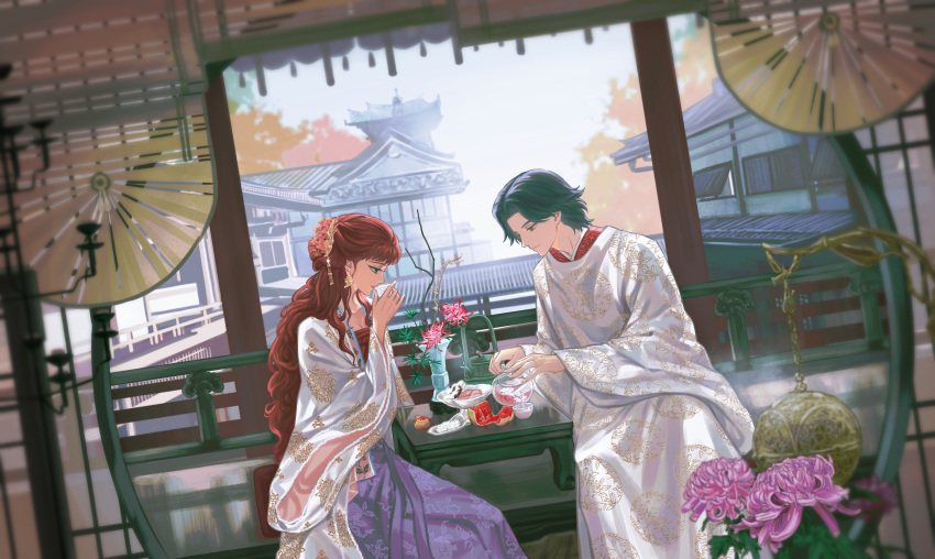 1boy 1girl absurdres architecture bamboo_screen black_hair censer chinese_clothes chrysanthemum couch cup day dutch_angle east_asian_architecture feet_out_of_frame flat_chest flower food fruit glass_teapot hair_ornament half_updo hand_up hanfu highres holding holding_cup juuni_kokuki long_hair long_sleeves looking_down moon_gate nakajima_youko parted_bangs plate pomegranate pouring profile purple_flower railing rakushun_(juuni_kokuki) red_flower red_hair short_hair sitting smoke steam sweets table tea tea_party teapot vase very_long_hair wavy_hair wide_sleeves yi_(199702090505)