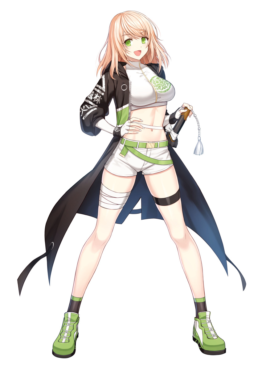 1girl :d absurdres bandages belt black_jacket black_socks blonde_hair breasts closers crop_top elbow_gloves fingerless_gloves full_body gloves green_eyes green_footwear highres hood hood_down hooded_jacket jacket katana large_breasts looking_at_viewer medium_hair midriff navel official_art open_clothes open_jacket shirt shoes short_shorts shorts sleeveless sleeveless_shirt smile socks solo soma_(closers) standing stomach sword tachi-e tassel thigh_strap thighs weapon white_background white_gloves white_shirt white_shorts