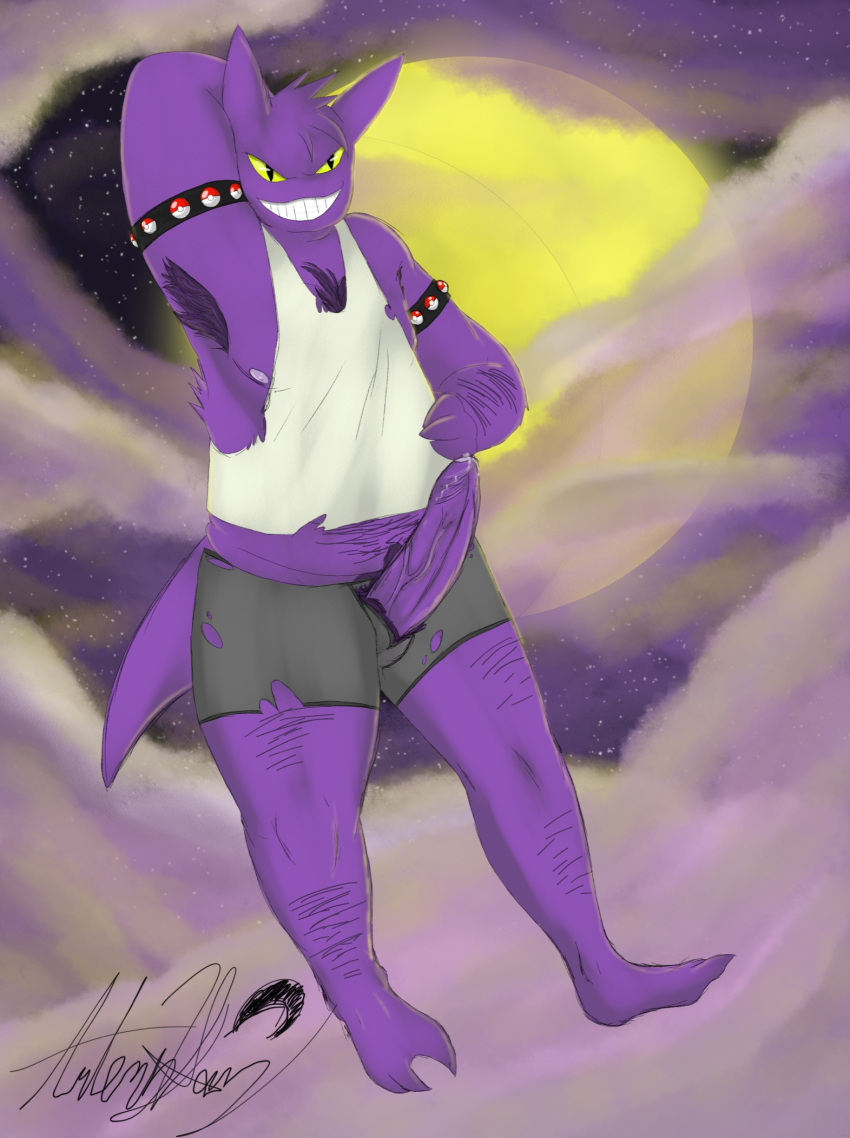 anthro armpit_hair bodily_fluids body_hair bulge clothed clothing cloud detailed_background digital_media_(artwork) erection erection_through_clothing fledgedragonfox flying fur generation_1_pokemon gengar genital_fluids genitals hair hi_res humanoid humanoid_genitalia humanoid_penis light lighting looking_at_viewer male moon moonlight muscular muscular_male nintendo nipples open_mouth outside pecs penis pokeball pokeball_clothing pokemon pokemon_(species) pokemorph pubes public_erection purple_body sky slightly_chubby smile smiling_at_viewer solo standard_pokeball tail teeth thick_thighs torn_clothing underwear vex_the_gengar_(fledgedragonfox) yellow_eyes