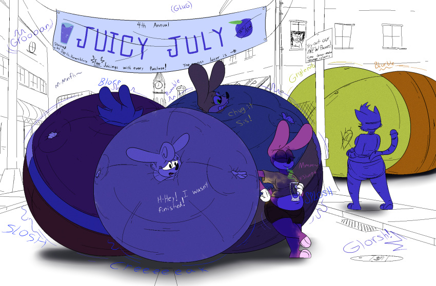 aliasing anthro belly beverage big_belly biped birne_granger black_eyes black_text blue_body blue_ears blue_fur blue_sclera blue_text blueberry_(fruit) blueberry_inflation brielle_(thatoneaceguy) clock clock_tower clothed clothed_anthro clothed_female clothing crazy_straw crossed_legs detailed_background digital_drawing_(artwork) digital_media_(artwork) domestic_cat drinking_straw english_text exclamation_point extended_sound_effect felid feline felis female food fruit fruit_smoothie fur glorsh gloves green_eyes group handwear hi_res immobile inflation interjection juicy_july lagomorph leaning_on_another leporid liquid_inflation mammal manhole manhole_cover milkshake moan onomatopoeia orange_text partially_colored plant public purple_ears rabbit rita_granger road rumbling sewer_grate sibling_(lore) sidewalk simple_background sister_(lore) sisters_(lore) slosh sloshing_belly sound_effect_variant sound_effects spherical_inflation standing stuttering tanya_granger text thatoneaceguy underline vowelless vowelless_vocalization white_background white_cloves white_text