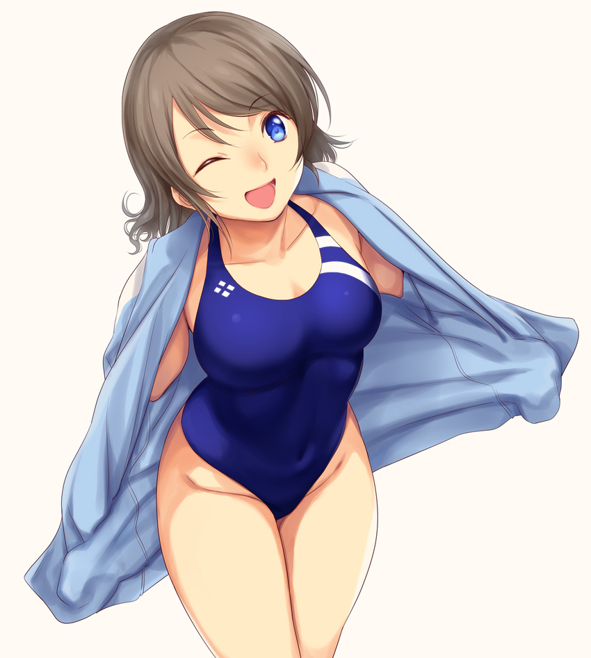 bangs blue_eyes brown_hair competition_swimsuit highres love_live! love_live!_sunshine!! nozomi-y one-piece_swimsuit one_eye_closed open_mouth short_hair simple_background smile solo swept_bangs swimsuit swimsuit_under_clothes watanabe_you
