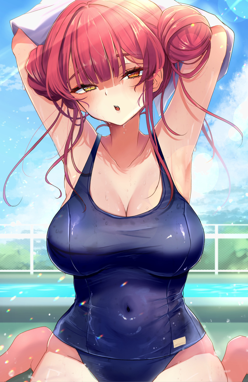 1girl absurdres barefoot blue_one-piece_swimsuit blue_sky blush breasts cleavage cloud collarbone covered_navel heterochromia highres hinoki_kahun0 hololive houshou_marine large_breasts long_hair one-piece_swimsuit open_mouth outdoors red_eyes red_hair sitting sky solo swimsuit teeth thighs virtual_youtuber yellow_eyes