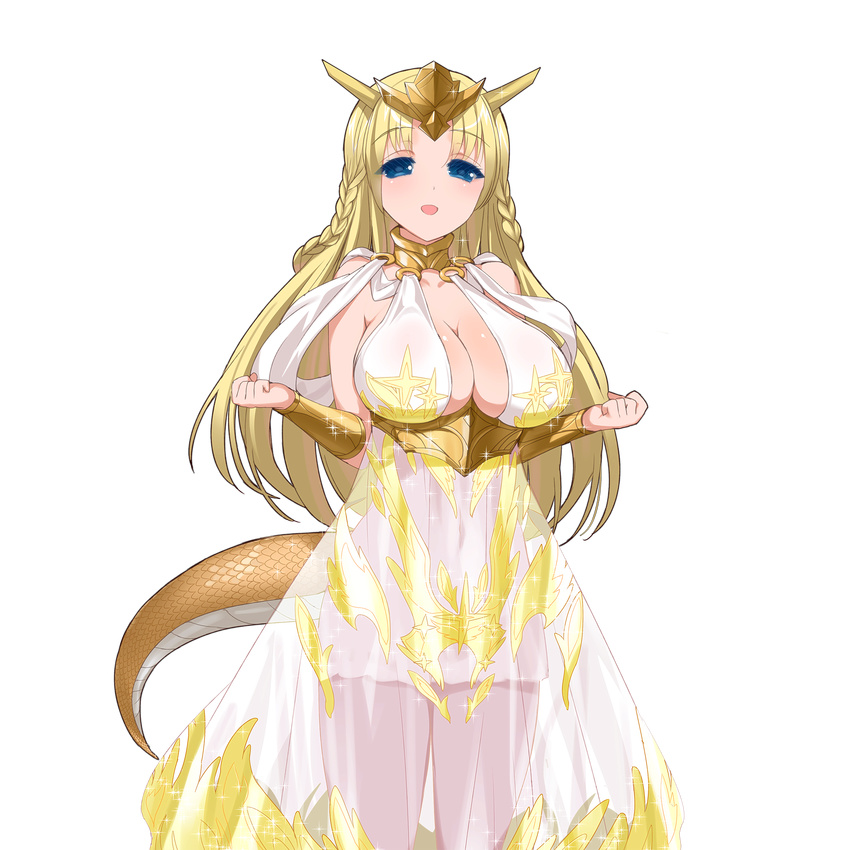 blonde_hair blue_eyes bracer braid breasts character_request clenched_hands cowboy_shot dragon_tail highres kusaka_souji large_breasts long_hair looking_at_viewer monster_girl official_art open_mouth see-through solo sparkle tail transparent_background uchi_no_hime-sama_ga_ichiban_kawaii yellow