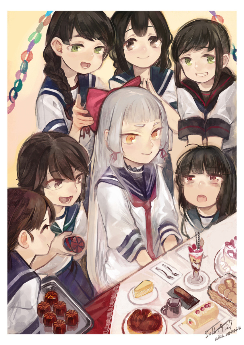 6+girls absurdres aika_warazu alternate_hair_ornament artist_name birthday birthday_party black_hair bow braid brown_eyes cake creamer_(vessel) cup cupcake dated drill_hair food fork fubuki_(kantai_collection) green_eyes grin hair_bow hatsuyuki_(kantai_collection) highres isonami_(kantai_collection) kantai_collection long_hair miyuki_(kantai_collection) multiple_girls murakumo_(kantai_collection) parfait party_popper red_eyes remodel_(kantai_collection) school_uniform serafuku shirayuki_(kantai_collection) short_hair silver_hair smile spoon teacup twin_drills uranami_(kantai_collection) yellow_eyes