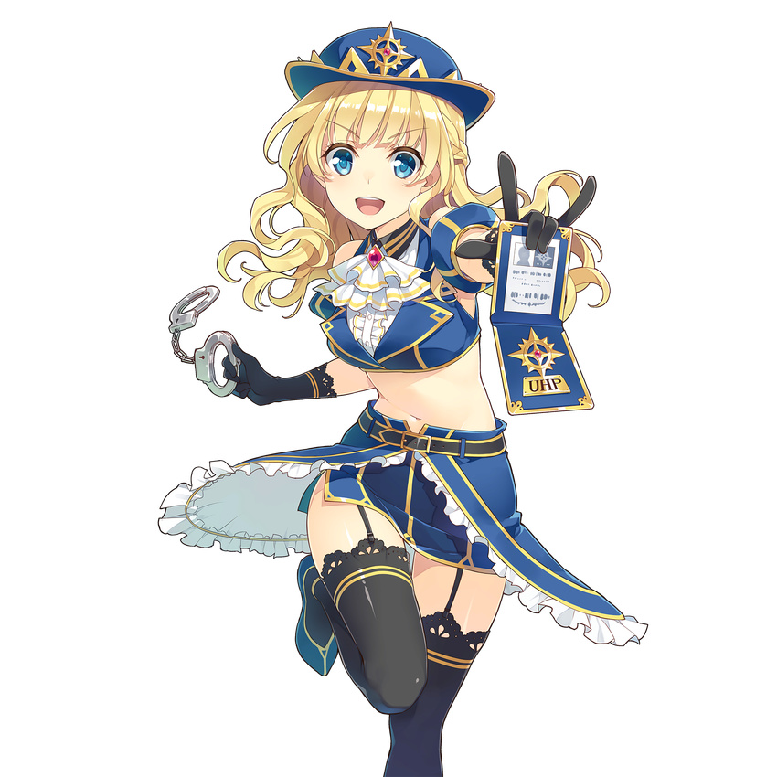 amelie_mcgregor blonde_hair blue_eyes braid crop_top cuffs french_braid garter_straps handcuffs hat highres holding layered_skirt leg_lift long_hair looking_at_viewer midriff mmu navel official_art open_mouth outstretched_arm police police_uniform policewoman shiny shiny_skin side_slit solo thighhighs transparent_background uchi_no_hime-sama_ga_ichiban_kawaii uniform wavy_hair