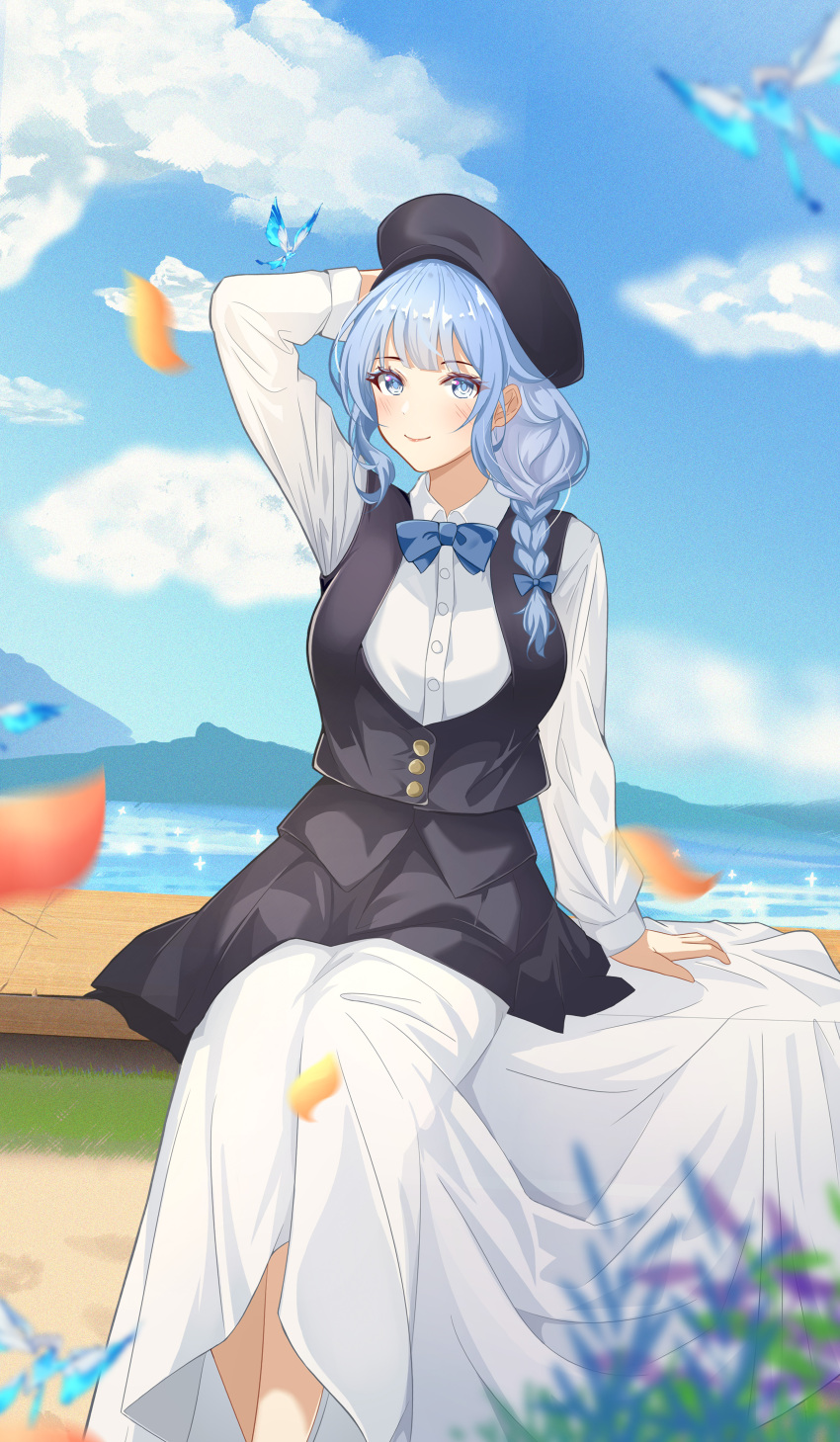 1girl absurdres alternate_costume alternate_hairstyle black_headwear blue_eyes blue_hair braid bu_weizhuang crystalfly_(genshin_impact) dress genshin_impact highres kamisato_ayaka light_blue_hair long_dress long_sleeves looking_at_viewer single_braid smile solo white_dress