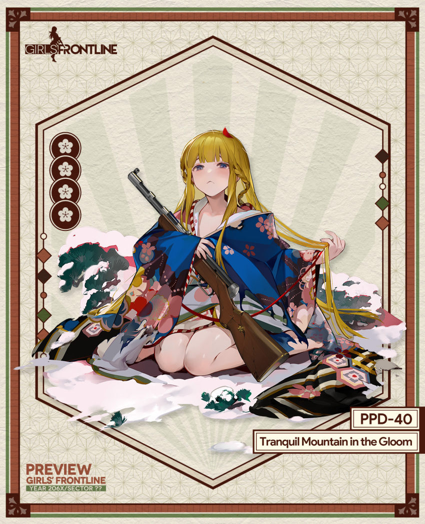 1girl bare_legs barefoot blonde_hair blue_eyes blue_kimono blunt_bangs blush braid branch character_name closed_mouth commentary copyright_name english_commentary floral_print floral_print_kimono foliage frown full_body girls'_frontline gun highres holding holding_gun holding_weapon japanese_clothes kimono long_hair long_sleeves looking_at_viewer official_alternate_costume official_art ppd-40 ppd-40_(girls'_frontline) ppd-40_(tranquil_mountain_in_the_gloom)_(girls'_frontline) print_kimono second-party_source shuaigegentou sitting sleeves_past_wrists snow solo torn_clothes torn_kimono twin_braids very_long_hair wariza weapon wide_sleeves