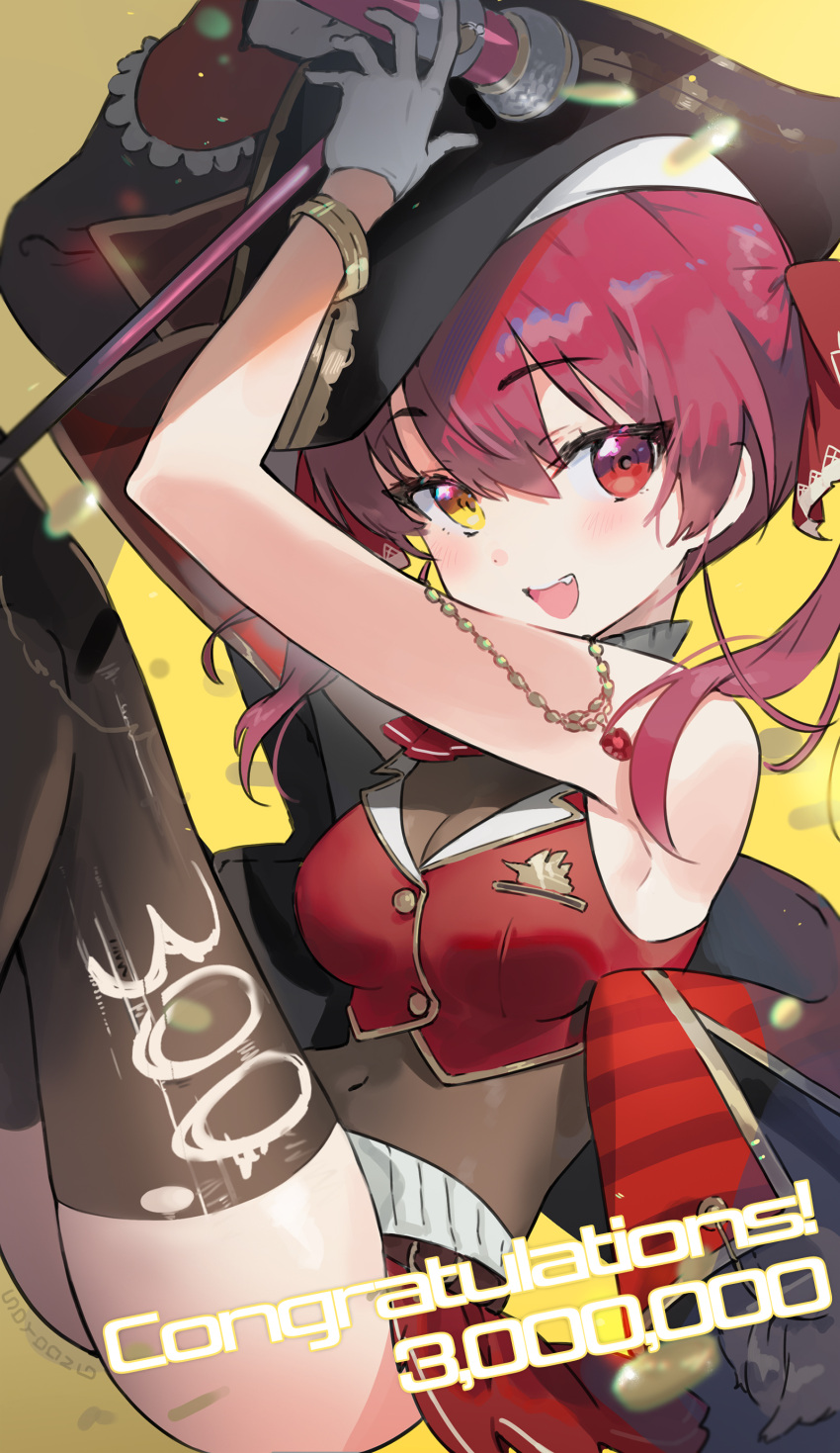 1girl :d absurdres black_jacket black_thighhighs bracelet breasts clothes_writing covered_navel cropped_jacket english_text gloves hair_ribbon heterochromia highres hololive houshou_marine houshou_marine_(1st_costume) jacket jewelry long_hair medium_breasts milestone_celebration red_eyes red_hair red_jacket ribbon simple_background smile solo soyoong_jun thighhighs twintails virtual_youtuber white_gloves yellow_eyes