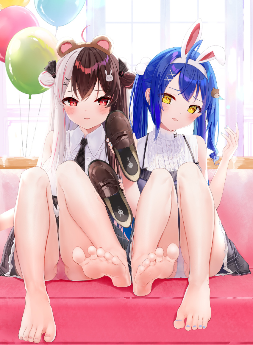 2girls absurdres ahoge amamiya_kokoro amamiya_kokoro_(8th_costume) animal_ears balloon barefoot bear_ears black_necktie blue_hair blue_nails blurry blurry_background blush brown_footwear brown_hair collared_shirt couch crossed_bangs double-parted_bangs eyelashes fake_animal_ears feet full_body grey_hair grey_skirt hair_ornament hands_up highres holding holding_shoes knees_together_feet_apart knees_up kou_futoshi legs loafers long_hair looking_at_viewer miniskirt multicolored_hair multiple_girls nail_polish necktie nijisanji on_couch open_mouth panties partially_visible_vulva pink_hair pink_panties plaid plaid_skirt rabbit_ears red_eyes shirt shoes sitting skirt soles spread_toes streaked_hair thighs toenail_polish toenails toes twintails two-tone_hair two_side_up underwear unworn_shoes virtual_youtuber white_shirt window x_hair_ornament yellow_eyes yorumi_rena yorumi_rena_(11th_costume)