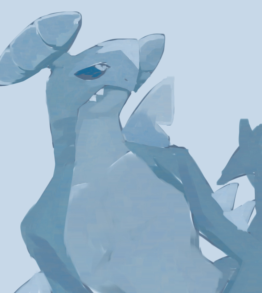 animal_focus blue_background blue_theme butter_(oshi8kyoumoh) closed_mouth collarbone commentary_request fangs fangs_out garchomp highres looking_up monochrome no_humans pokemon pokemon_(creature) simple_background solo spikes standing upper_body