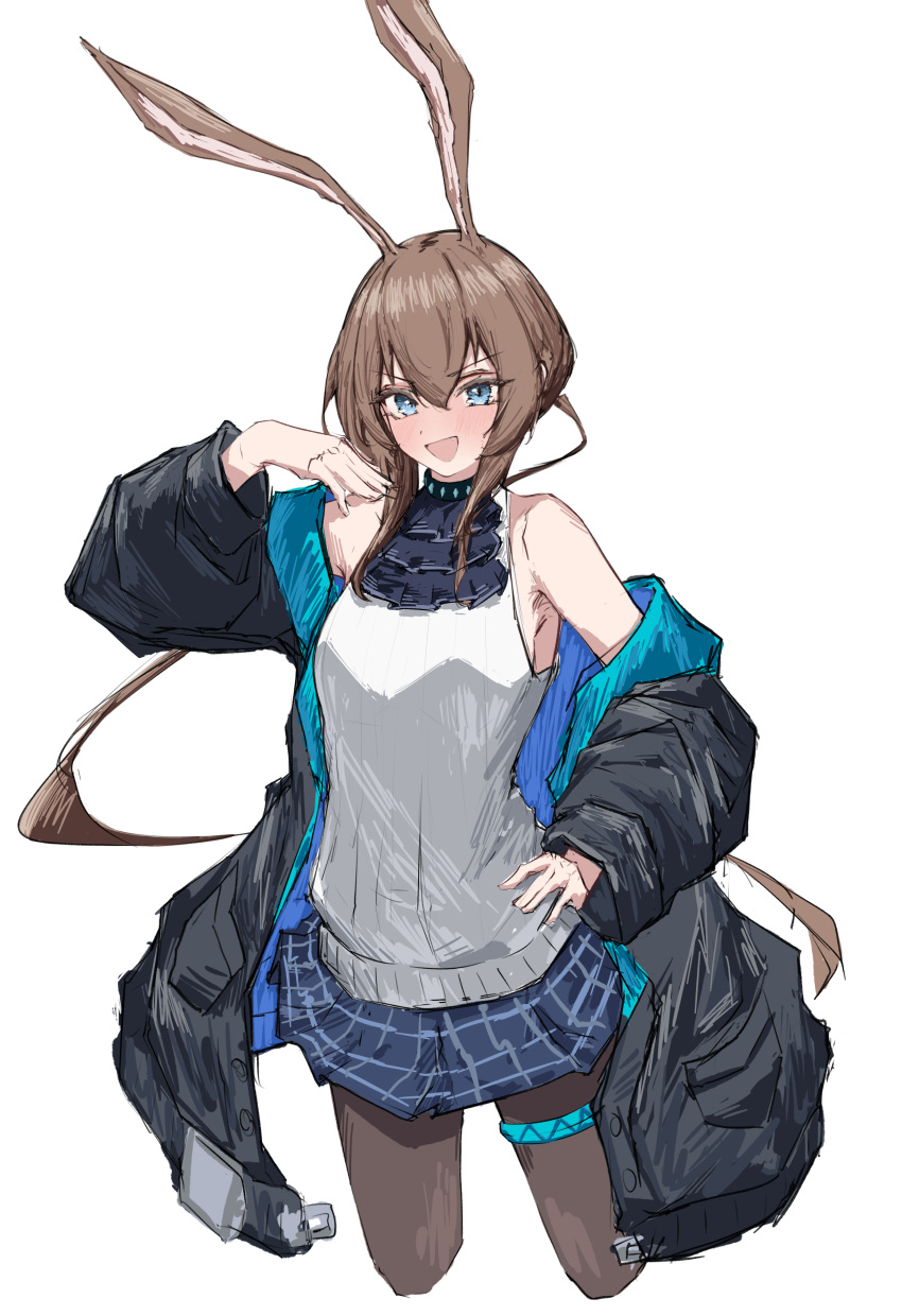 1girl absurdres amiya_(arknights) animal_ears arknights armpit_crease ascot bare_shoulders black_collar black_jacket blue_ascot blue_eyes blue_skirt blush breasts brown_hair brown_pantyhose collar commentary contrapposto cowboy_shot cropped_legs fang floating_hair hair_between_eyes hand_on_own_hip hand_on_own_shoulder hand_up happy highres infection_monitor_(arknights) jacket long_hair long_sleeves looking_at_viewer medium_breasts miniskirt off_shoulder open_clothes open_jacket open_mouth outstretched_hand pantyhose plaid plaid_skirt pocket ponytail rabbit_ears rabbit_girl ribbed_sweater shadow sideboob sidelocks simple_background skirt sleeveless sleeveless_sweater smile solo standing sweater thighlet tobildesu two-sided_fabric two-sided_jacket v-shaped_eyebrows variant_set very_long_hair white_background white_sweater wide_sleeves