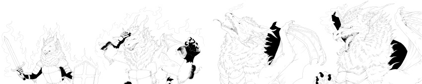 absurd_res amadeus_wolfbang angry anthro armor aura claws clothed clothing digital_drawing_(artwork) digital_media_(artwork) dragon equid equine feral fluffy fur hair hi_res horn horse hybrid line_art long_image looking_at_viewer magic male mammal mane melee_weapon monochrome open_mouth pupils scales scalie sharp_teeth shield slit_pupils smoke smoke_from_nose solo spud sword teeth transformation transformation_sequence voidpotato weapon wide_image wings