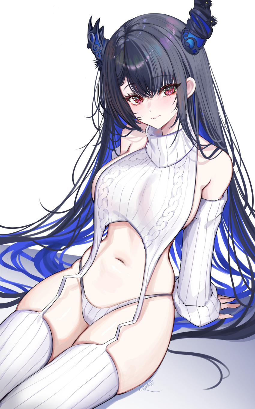 1girl absurdres aran_legwear asymmetrical_horns bare_shoulders black_hair blue_hair blush breasts colored_inner_hair demon_horns garter_straps hair_ornament highres hololive hololive_english horns large_breasts long_hair looking_at_viewer meme_attire mole mole_under_eye multicolored_hair navel nerissa_ravencroft red_eyes ribbed_legwear ribbed_panties ribbed_sleeves ribbed_sweater ribbed_thighhighs rosebell sitting sleeveless sleeveless_sweater sleeveless_turtleneck smile solo sweater thighs turtleneck turtleneck_sweater two-tone_hair uneven_horns very_long_hair virgin_destroyer_sweater virtual_youtuber white_garter_straps white_sweater