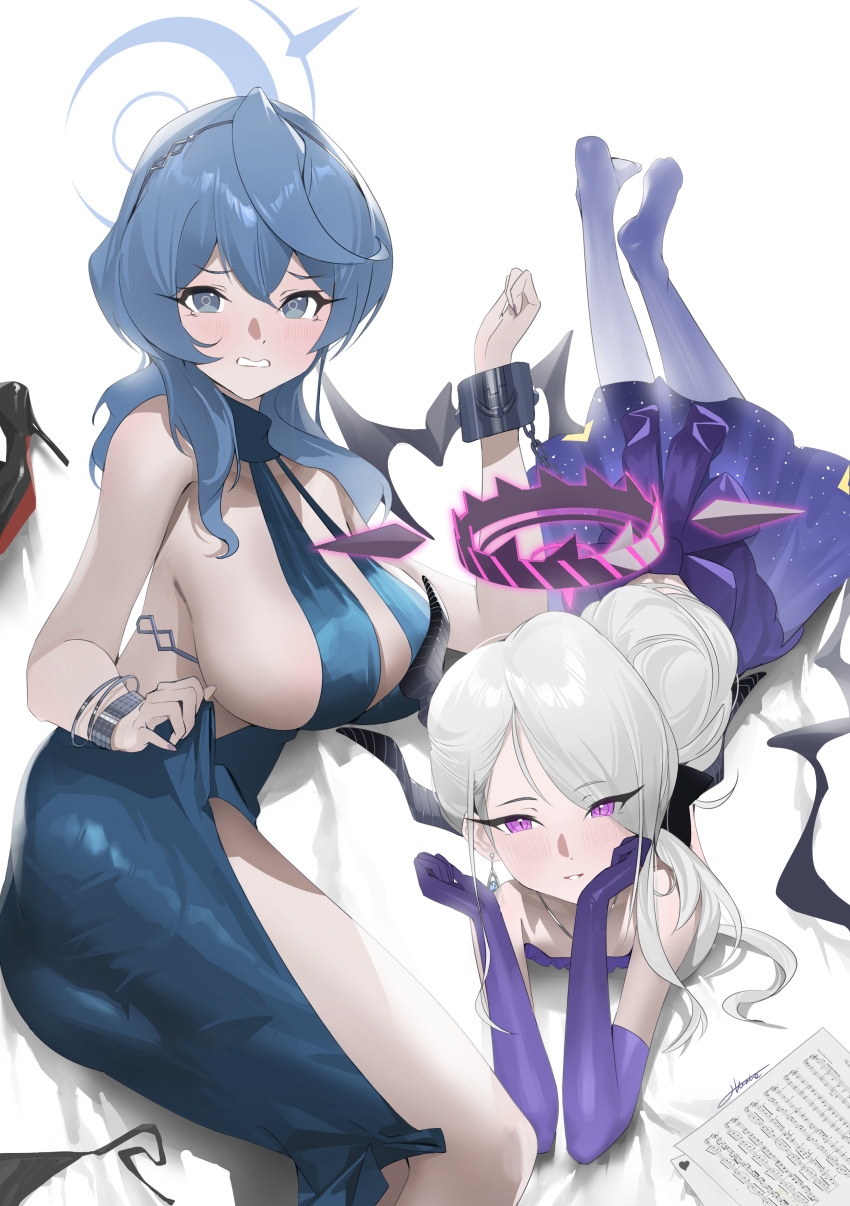 2girls absurdres ako_(blue_archive) ako_(dress)_(blue_archive) backless_dress backless_outfit bangle bare_shoulders blue_archive blue_dress blue_eyes blue_hair blush bracelet breasts bright_pupils cleavage clenched_teeth dress elbow_gloves feet_up gloves grey_hair grin haine_1871 hair_bun hair_over_one_eye halo halter_dress halterneck highres hina_(blue_archive) hina_(dress)_(blue_archive) jewelry large_breasts long_hair looking_at_viewer lying multiple_girls on_side on_stomach plunging_neckline purple_eyes purple_gloves purple_thighhighs sideboob simple_background smile teeth thighhighs white_background