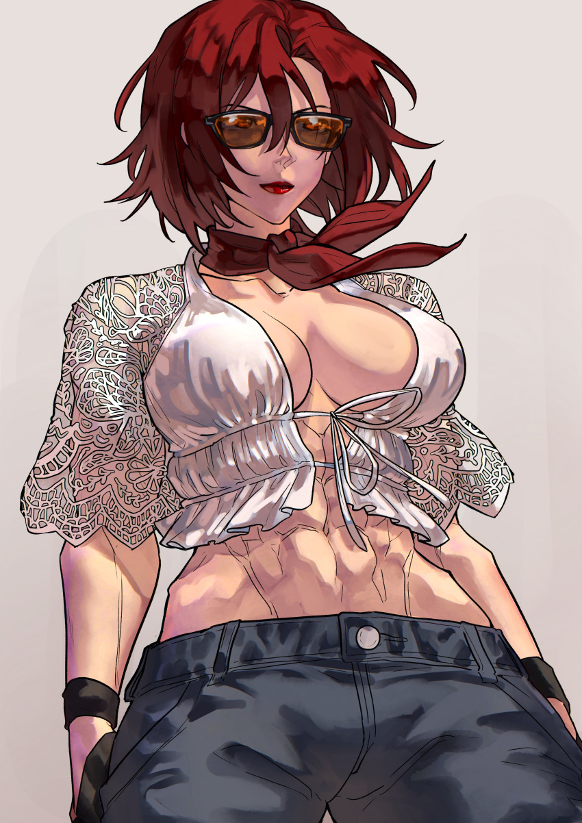 1girl abs absurdres alternate_costume bandana_around_neck breasts cleavage collarbone front-tie_top halterneck highres large_breasts lips lipstick makeup mature_female midriff muscular muscular_female navel pants red_eyes red_hair shirt short_hair simple_background snk solo standing stomach sunglasses syachiiro the_king_of_fighters vanessa_(kof)