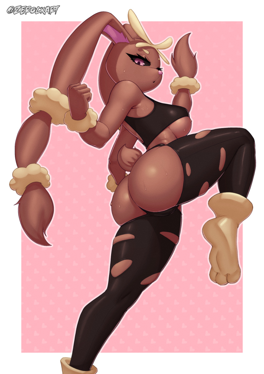 anthro big_breasts big_butt big_ears black_clothing black_leggings black_legwear black_sclera black_topwear bodily_fluids breasts brown_body brown_fur butt clothing eyelashes female floppy_ears fur generation_4_pokemon hi_res leggings legwear lop_ears lopunny mega_evolution mega_lopunny nintendo on_one_leg pink_background pink_eyes pokemon pokemon_(species) rear_view simple_background solo standing sweat sweatdrop tan_body tan_fur thick_thighs topwear torn_clothing torn_leggings torn_legwear under_boob wardrobe_malfunction white_background wide_hips zerockart