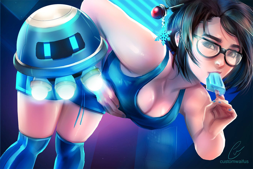 artist_name bare_shoulders beads black-framed_eyewear blue_footwear blue_nails blue_shorts boots breasts brown_eyes brown_hair cleavage collarbone custom_waifus drone eating fingernails floating food glasses hair_bun hair_ornament hair_stick hand_on_breast knee_boots large_breasts leaning_forward looking_at_viewer machinery mei_(overwatch) nail_polish overwatch popsicle robot short_shorts shorts sidelocks signature sleeveless snowball_(overwatch) snowflake_hair_ornament solo tank_top