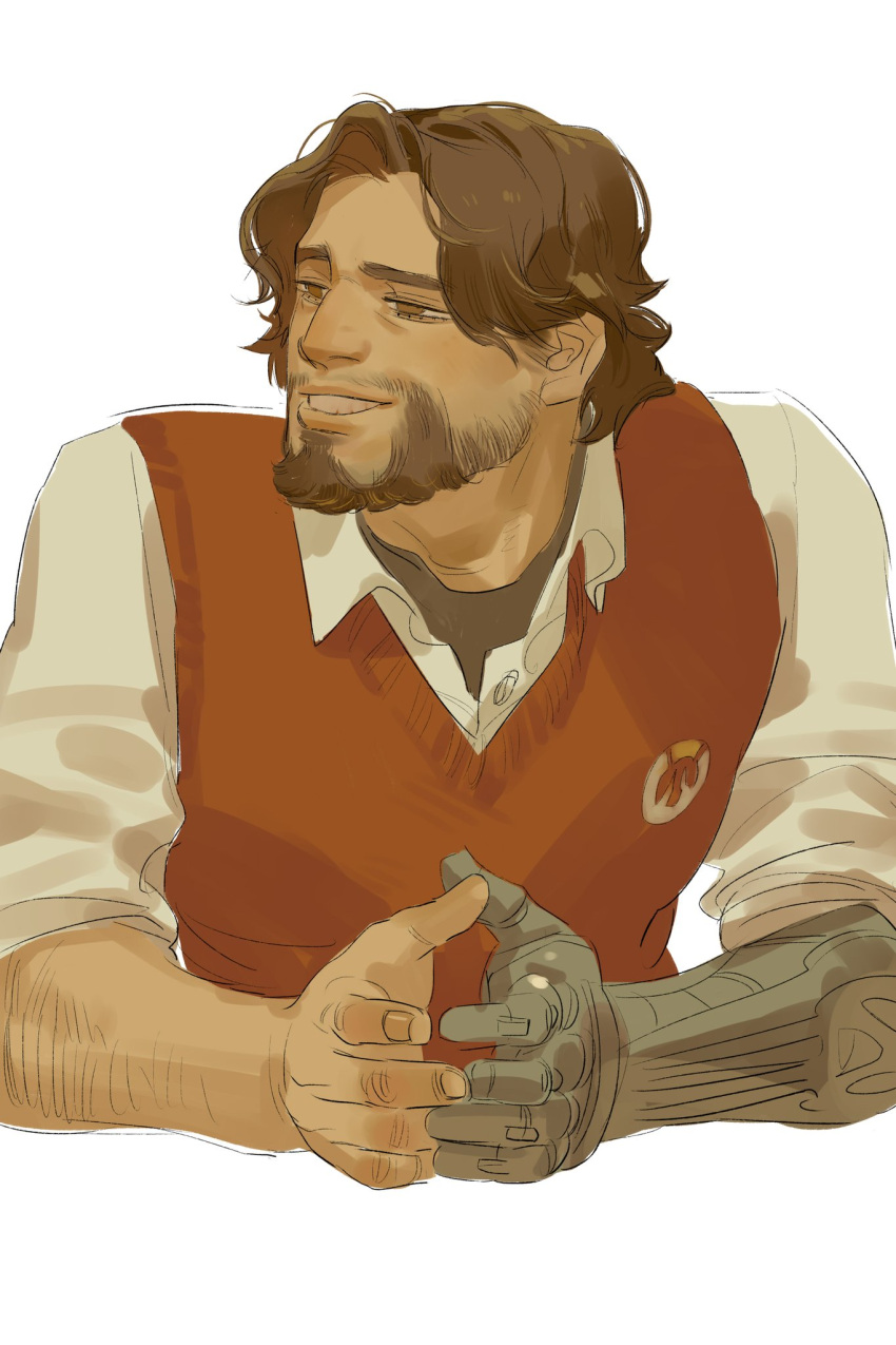 1boy arm_hair beard brown_eyes brown_hair cassidy_(overwatch) chengongzi123 collared_shirt cropped_torso facial_hair grin highres looking_to_the_side male_focus mechanical_arms overwatch overwatch_1 red_vest shirt short_hair simple_background single_mechanical_arm smile solo sweater_vest upper_body vest white_background