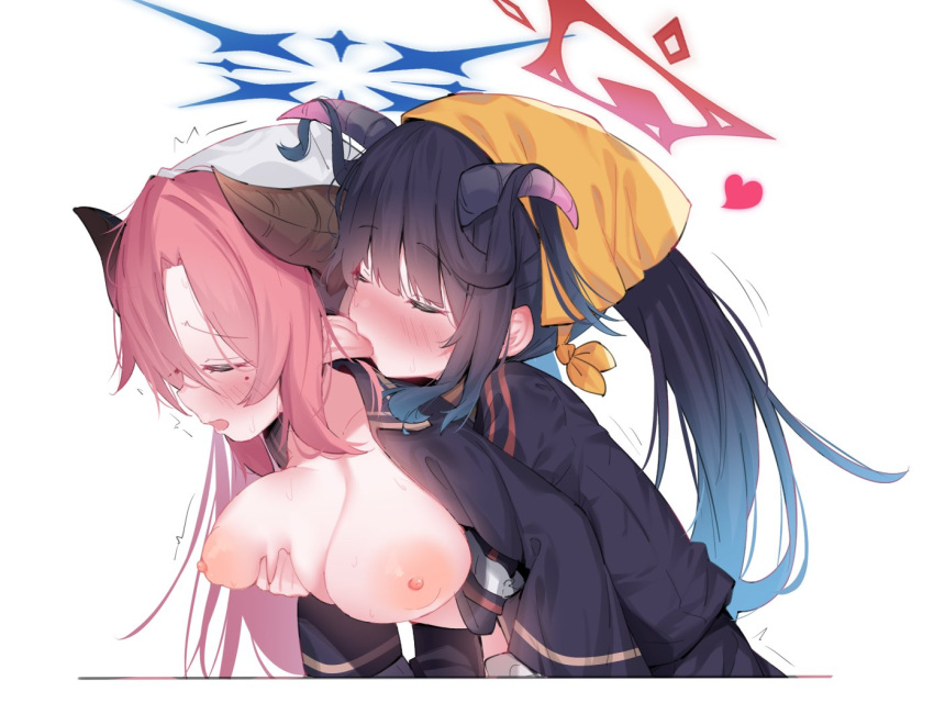 2girls biting blue_archive blue_hair blush breasts breasts_out closed_eyes ear_biting eip_(pepai) from_side fuuka_(blue_archive) grabbing grabbing_another's_breast gradient_hair hair_between_eyes halo heart horns hug hug_from_behind large_breasts long_bangs long_hair long_sleeves megu_(blue_archive) mole mole_under_eye multicolored_hair multiple_girls nipples open_mouth pink_hair straight_hair v-shaped_eyebrows yuri