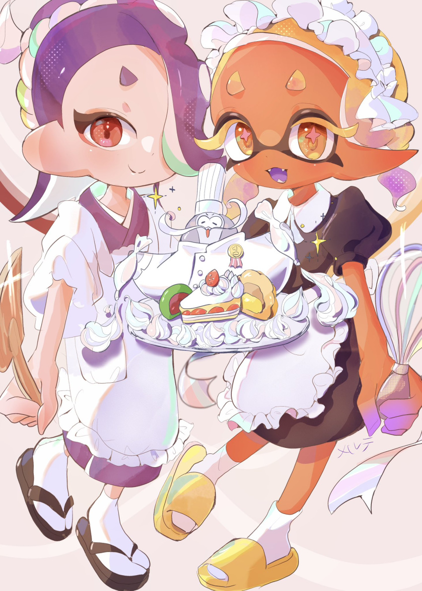 1boy 2girls apron big_man_(splatoon) black_dress blonde_hair cake chef_hat closed_mouth colored_eyelashes commentary_request custard dark-skinned_female dark_skin dress eyelashes fangs flip-flops food frye_(splatoon) glint gradient_hair hachimaki hair_over_one_eye hat headband highres holding holding_plate holding_spatula inkling long_hair long_pointy_ears looking_at_viewer maid_apron maid_headdress medium_hair merute_spla mochi multicolored_hair multiple_girls nejiri_hachimaki octoling open_mouth plate pointy_ears puffy_sleeves purple_hair red_bean_paste red_eyes sandals shiver_(splatoon) slippers smile socks sparkle spatula splatoon_(series) splatoon_3 star-shaped_pupils star_(symbol) strawberry_shortcake symbol-shaped_pupils teeth tentacle_hair thick_eyebrows two-tone_hair whipped_cream white_socks yellow_eyes