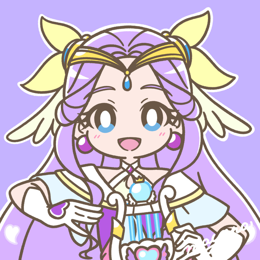 1girl blue_eyes blush bright_pupils choker circlet criss-cross_halter cure_earth dress earrings elbow_gloves eyelashes fuurin_asumi gloves hair_ornament halterneck healin'_good_precure heart highres jewelry long_hair looking_at_viewer lyre magical_girl mayena open_mouth outline precure purple_background purple_dress purple_hair signature simple_background smile solo upper_body white_gloves white_outline white_pupils wings