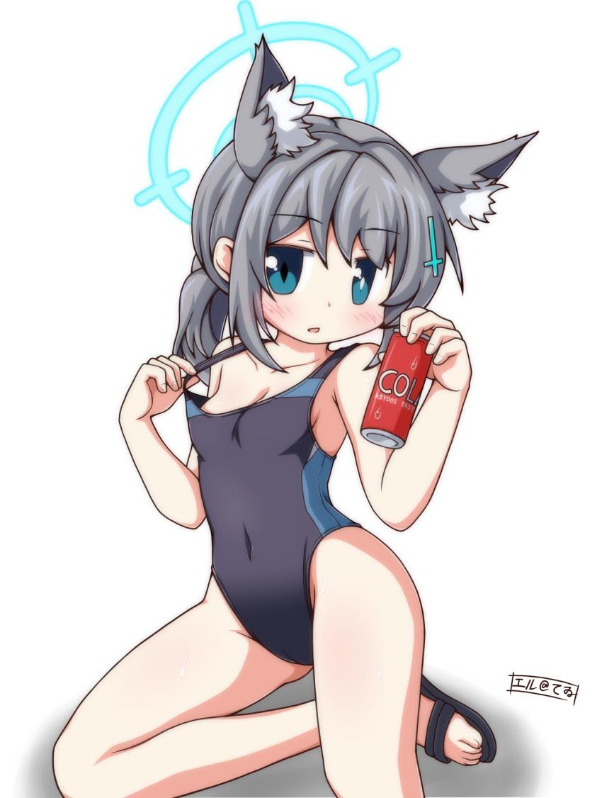 animal_ear_fluff animal_ears black_one-piece_swimsuit blue_archive blue_eyes breasts can competition_swimsuit covered_navel cross_hair_ornament drink_can el@tewi extra_ears feet_out_of_frame grey_hair hair_ornament halo highres low_ponytail medium_hair mismatched_pupils multicolored_clothes multicolored_swimsuit official_alternate_costume one-piece_swimsuit shiroko_(blue_archive) shiroko_(swimsuit)_(blue_archive) simple_background small_breasts soda_can swimsuit white_background wolf_ears