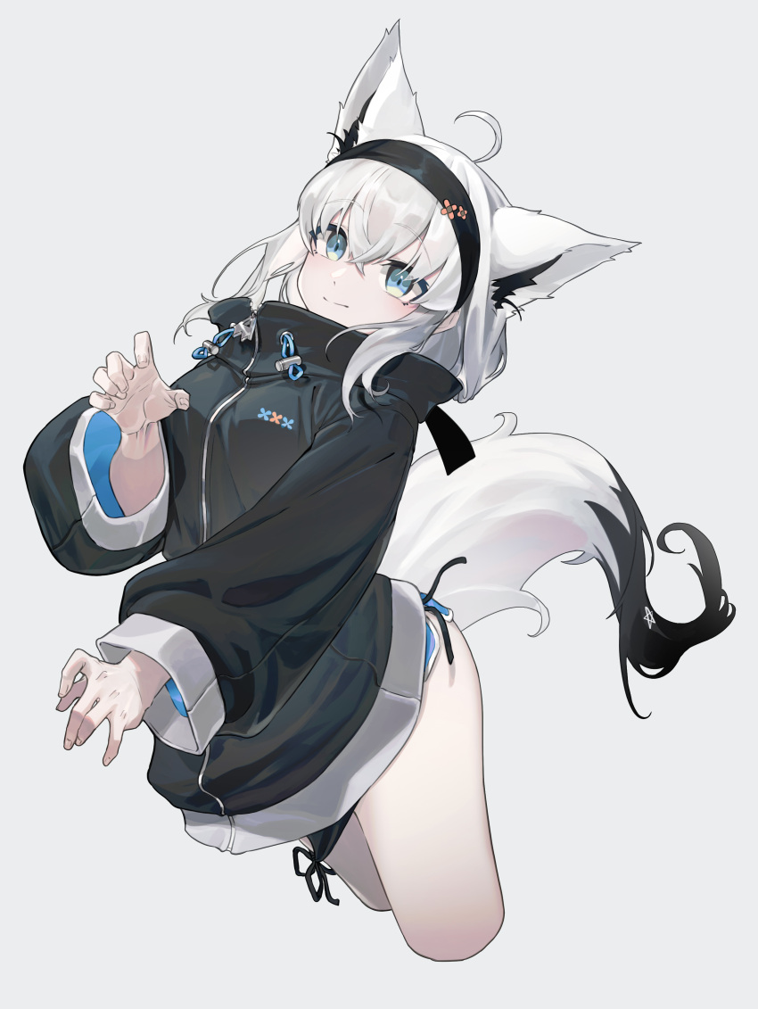 1girl absurdres ahoge animal_ear_fluff animal_ears arched_back black_hairband black_jacket black_shirt blue_eyes blue_shorts claw_pose closed_mouth commentary crossed_bangs dolphin_shorts fox_ears fox_girl fox_tail hair_between_eyes hair_over_shoulder hairband highres hololive hood hooded_jacket jacket light_smile long_hair long_sleeves looking_at_viewer micro_shorts official_alternate_costume pentagram shirakami_fubuki shirakami_fubuki_(7th_costume) shirt shorts side-tie_shirt sidelocks simple_background solo standing tail toga_(toganawa) virtual_youtuber white_background white_hair