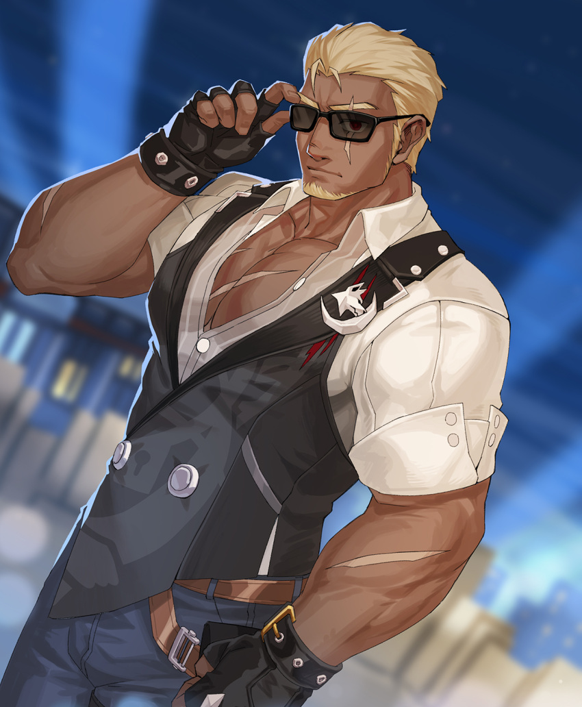 1boy bara blonde_hair dark-skinned_male dark_skin facial_hair goatee highres honkai:_star_rail honkai_(series) large_pectorals long_sideburns looking_at_viewer lrpanda00 male_focus mature_male muscular muscular_male partially_unbuttoned pectoral_cleavage pectorals scar scar_across_eye short_hair sideburns sideburns_stubble solo stubble sunglasses thick_eyebrows vest woolsey_(honkai:_star_rail)