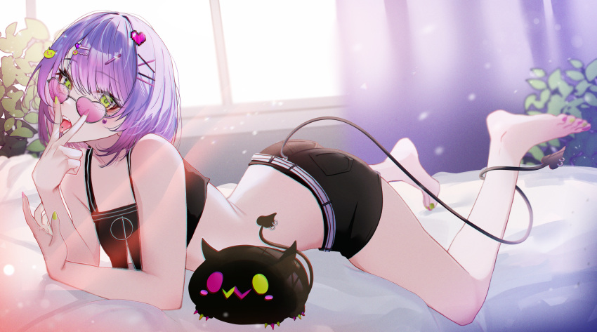 1girl absurdres bibi_(tokoyami_towa) black_shorts breasts demon_tail green_eyes hair_ornament hairpin heart heart-shaped_eyewear heart_hair_ornament higeji_(higeji404) highres hololive looking_at_viewer on_bed open_mouth piercing pink-framed_eyewear purple_hair short_hair short_shorts shorts small_breasts solo sunglasses tail tail_ornament tail_piercing thighs tokoyami_towa tokoyami_towa_(1st_costume) tongue tongue_out tongue_piercing virtual_youtuber x_hair_ornament